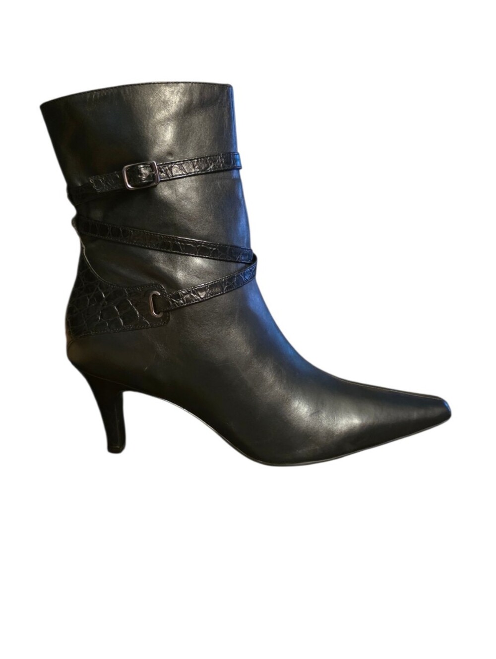 Antonio Melani Black Leather Croc Embossed Strap Pointed Toe Heeled Ankle Boots